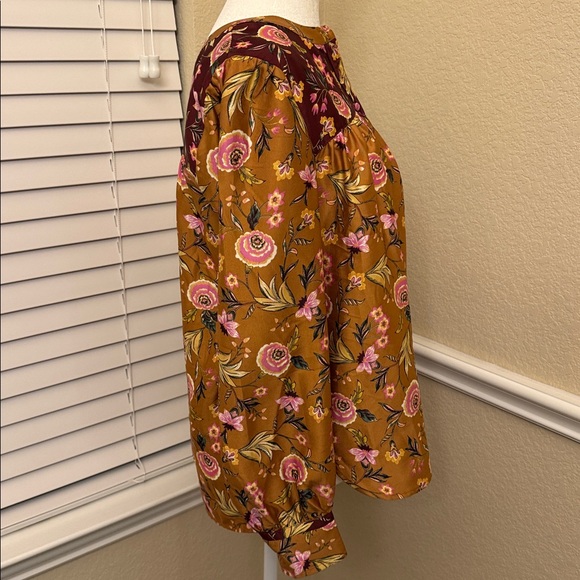 LOFT Floral Blouse Mustard Burgundy Long Sleeves Women's Small - Picture 3 of 14